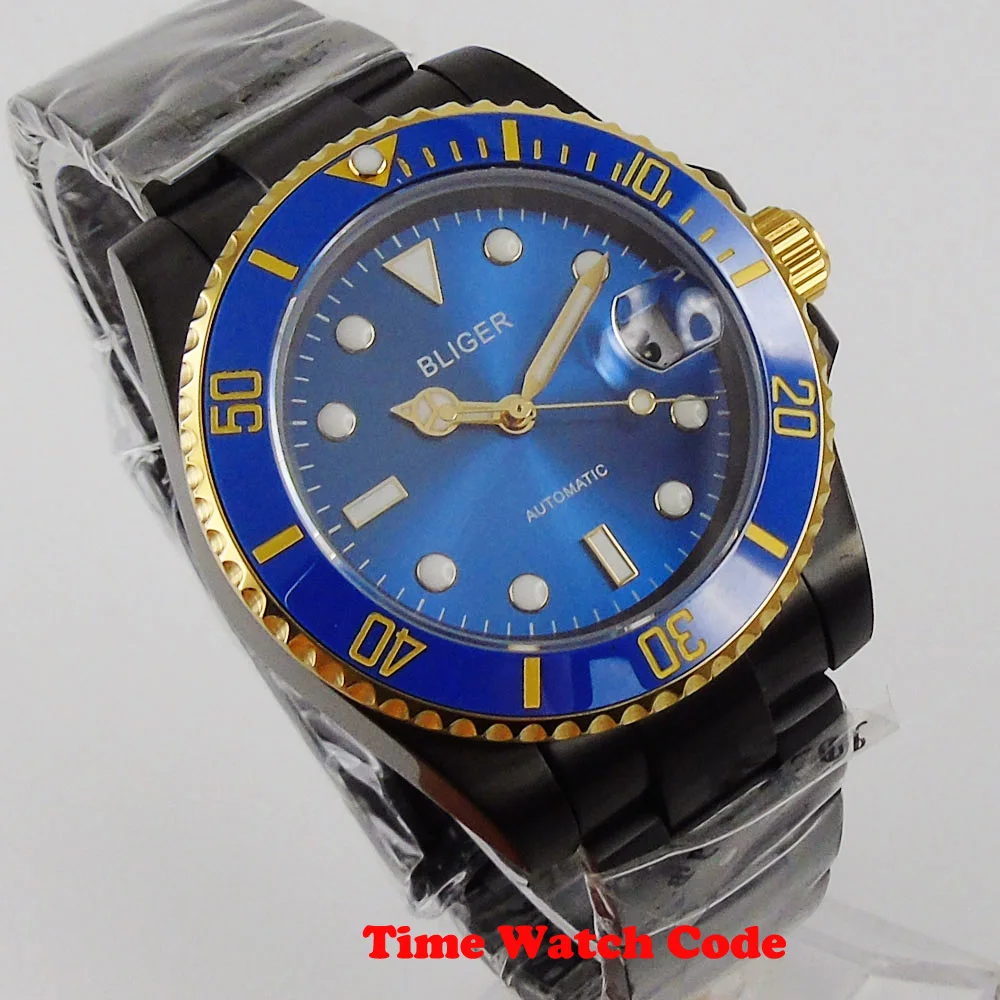 Reloj Automático de zafiro NH35/Miyota8215 para hombre, cronógrafo con fecha PVD negra, Cyclops, esfera azul, bisel chapado en oro, banda 316L, 40mm, Bliger