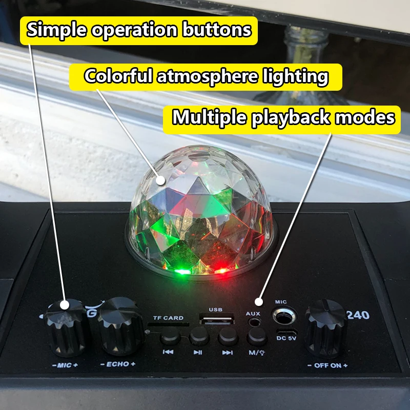 Portable 3D stereo subwoofer karaoke home wireless bluetooth speaker colorful LED light dual microphone support FM radio TF card