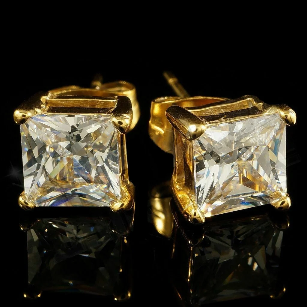 Dazzling Gold Color Square Cut Cubic Zirconia Stud Earring Cocktail Party Iced Out Crystal Earring Hip Hop Jewelry for Men Women