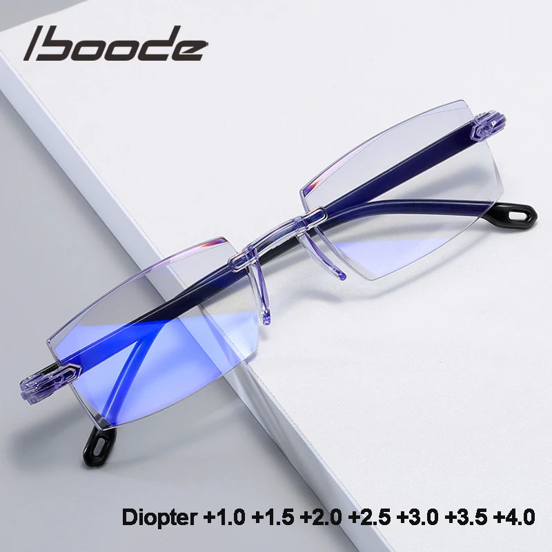 

iboode +1.0 +1.5 +2.0 +2.5 +3.0 +4.0 Rimless Reading Glasses Classic Anti blue Light Prescription Optical Far Eyeglass Women Men