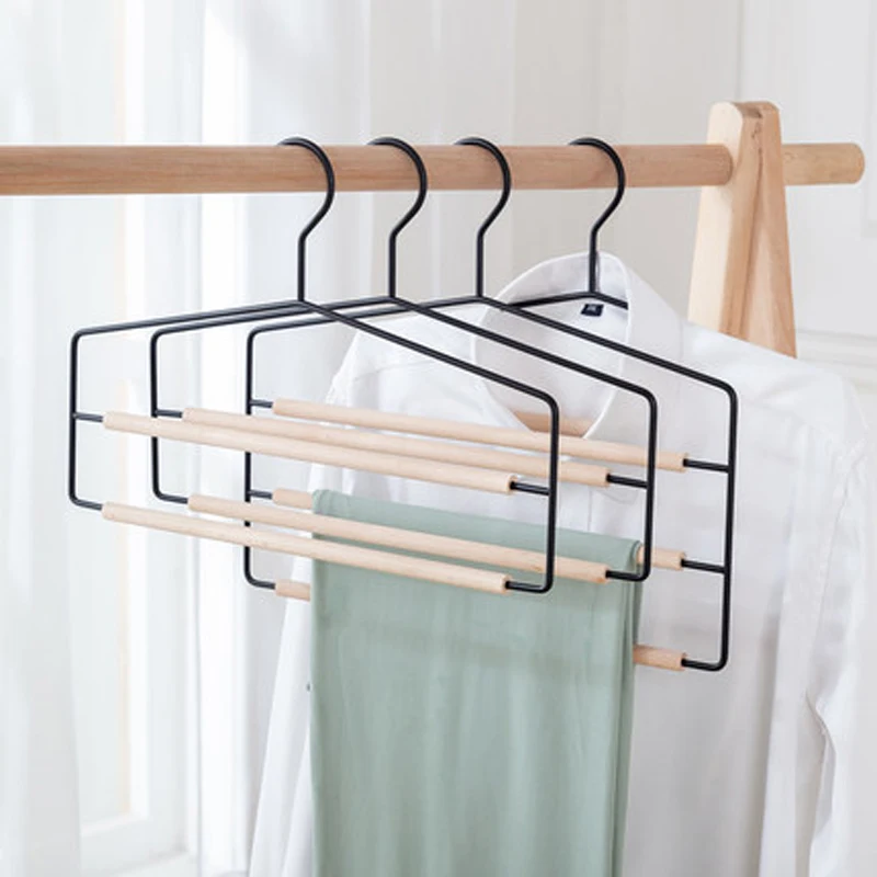 

5pcs/lot Multi Layers Metal Pant Hangers with Non Slip Wood Bar for Closet Space Saving Suits Trousers Towels Scarves Display