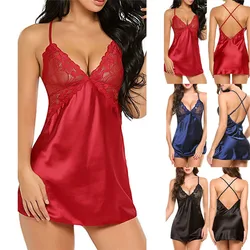 Chemise de nuit en satin pour femmes, vêtement court, sexy, fausse glace, dos nu, lingerie, nuisette