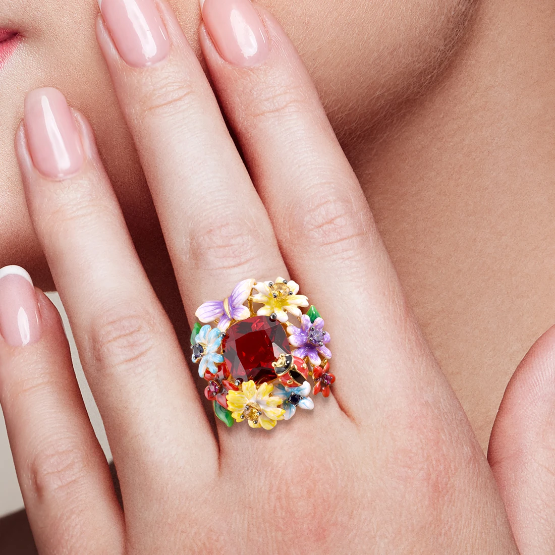 SANTUZZA Pure 925 Sterling Silver Rings For Women Colorful Flowers Ladybug Ring Sparkling Red Stone Handmade Enamel Fine Jewelry
