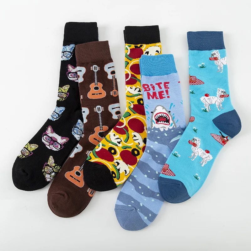 MODA MULAYA Happy Socks Men/Women Color Series Guitar Shark White Alpaca Mushroom Cat Head European Funny Socks Outdoor Sports