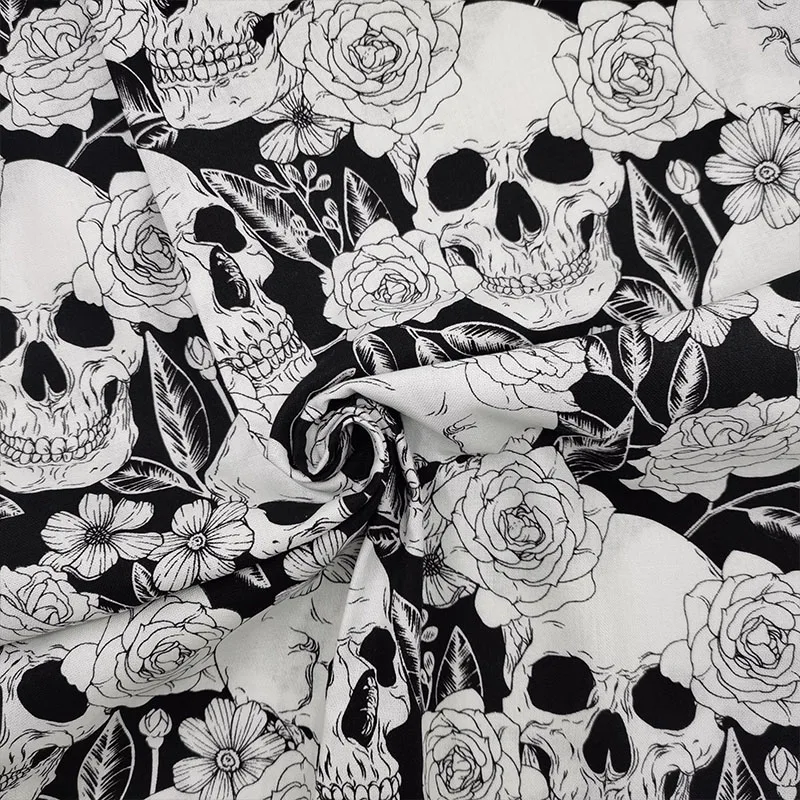 Cool 110cm Wide White Skull Fabric Cotton Fabric White Rose Head Skull Print Cloth Patchwork Sewing Material Diy Clothing Dress