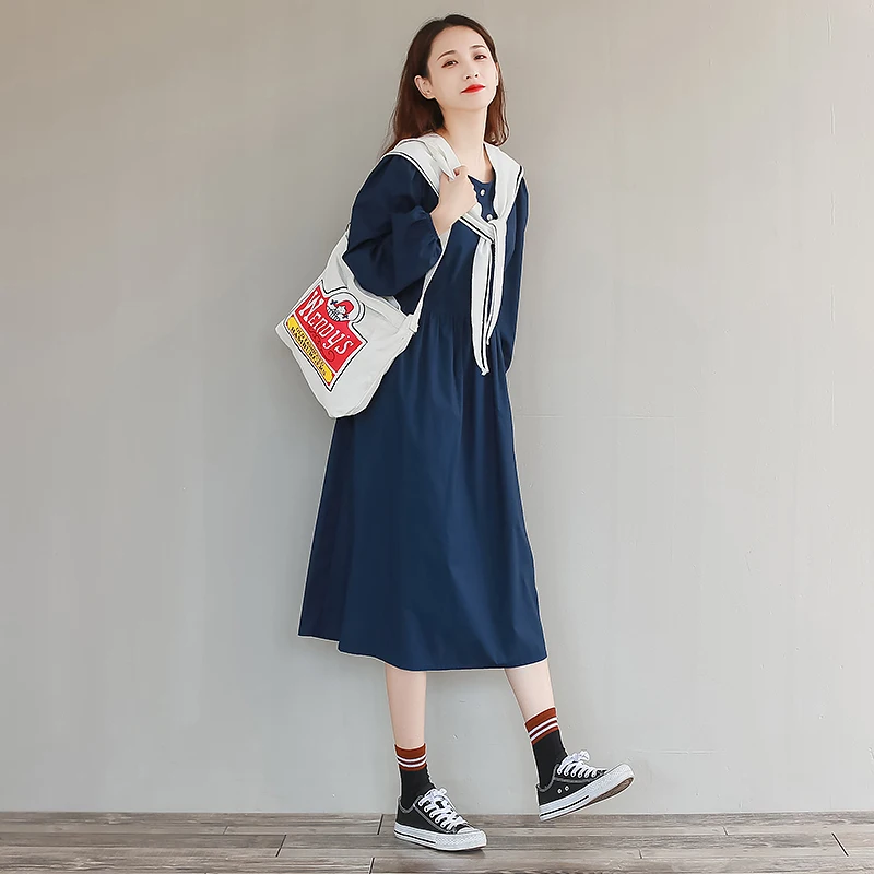 Japanese Kawaii Navy Dress Women Clothes Removed Sailor Collar Vintage Long Sleeve Large Size Sweet Loose Casual 2 Piece Dresses