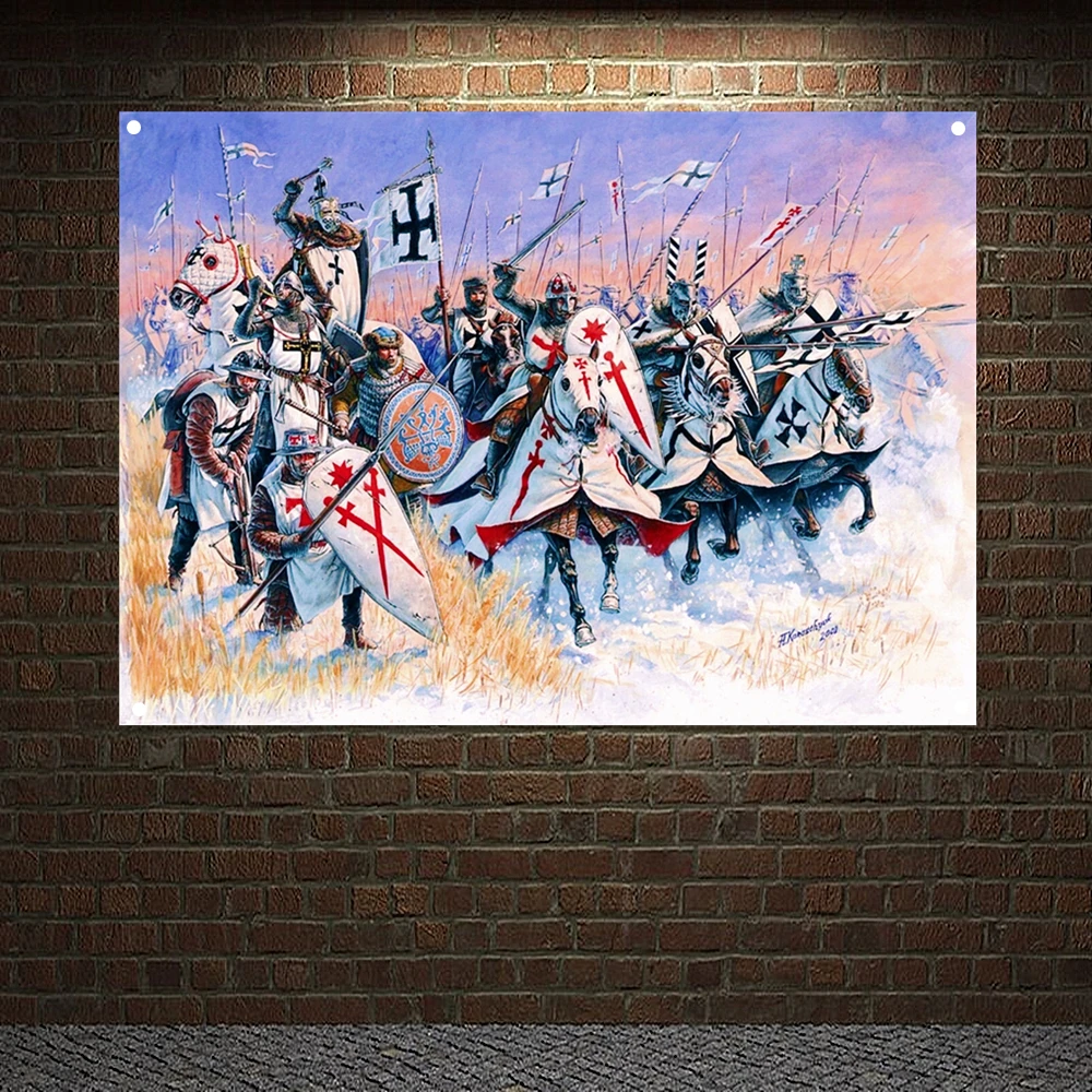 

Ancient Military Posters Templar Knight On Horse Banners Retro Print Art Crusader Flags Canvas Painting Wall Hanging Home Decor