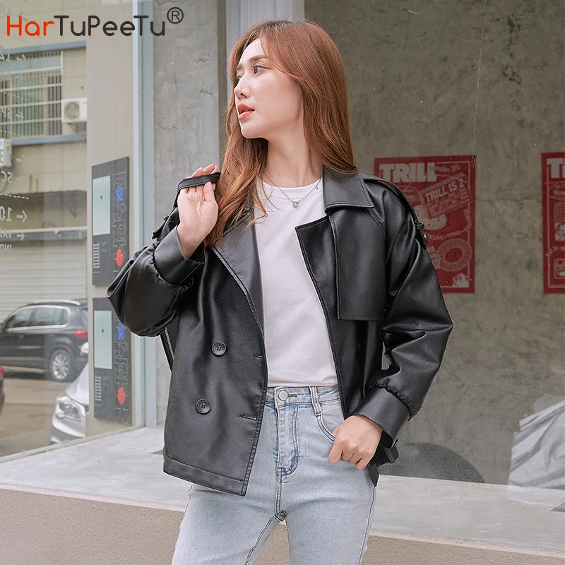 Outono meninas moto motociclista jaqueta de couro feminino preto pu primavera casaco duplo breasted estilo coreano solto casual outwear streetwear