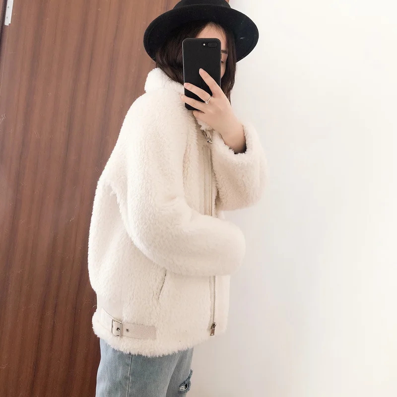 Winter Lamb Wool Coat College Wool Granule Sheep Shearing Fleece Motorcycle Jacket Women\'s Short Zipper Warm Coats Green Red