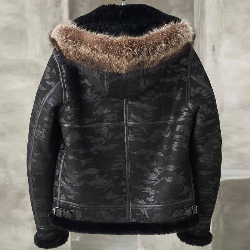 Shearling Jacket Men Detachable Hooded B3 Bomber Jacket Men Shearling Fur Coat Black camouflage