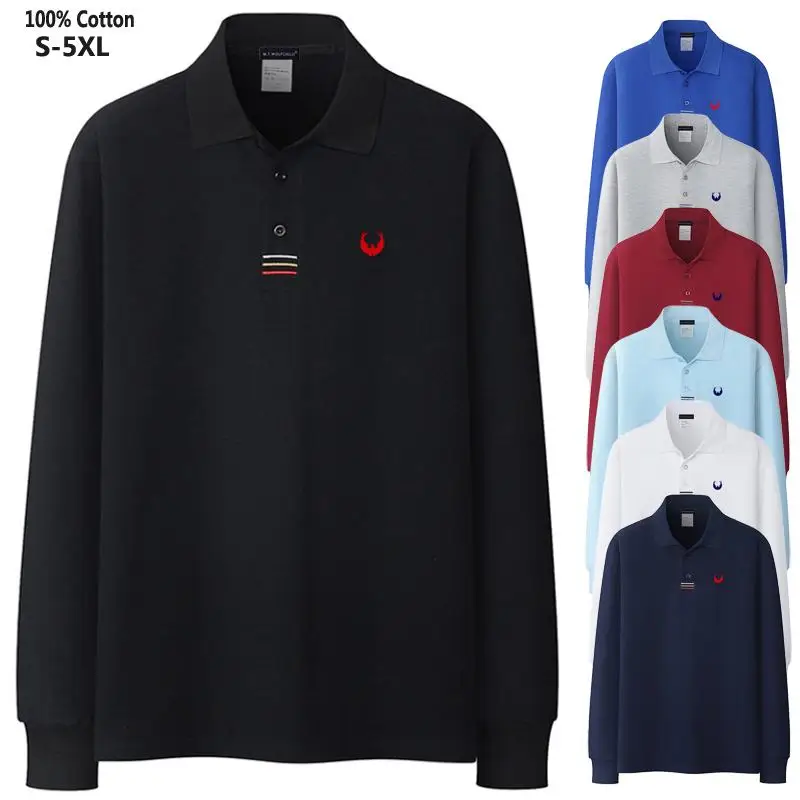 100% Cotton High Quality Spring Autumn Mens Polo Shirts Embroidery Casual Mens Shirt Long Sleeve Lapel Tops Men Clothing S-4XL