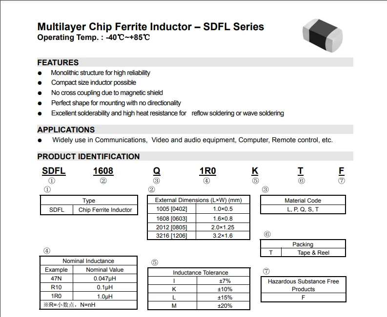 SDWL1005C82NJSTF 0402 82nH ±5% 140mA SDWL1005CR10JSTF 100nH(R10) 130mA SDWL1005C2N0SSTF 2nH ±0.3nH950mA SMD wire wound inductor