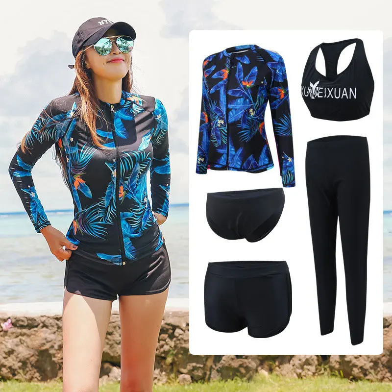 Women\'s 5 piece set Rash Guards Full Long Sleeve and Legs Swimsuit UV Sun Protection Zip up Top & Bottoms Swim Surf Boat Shirt