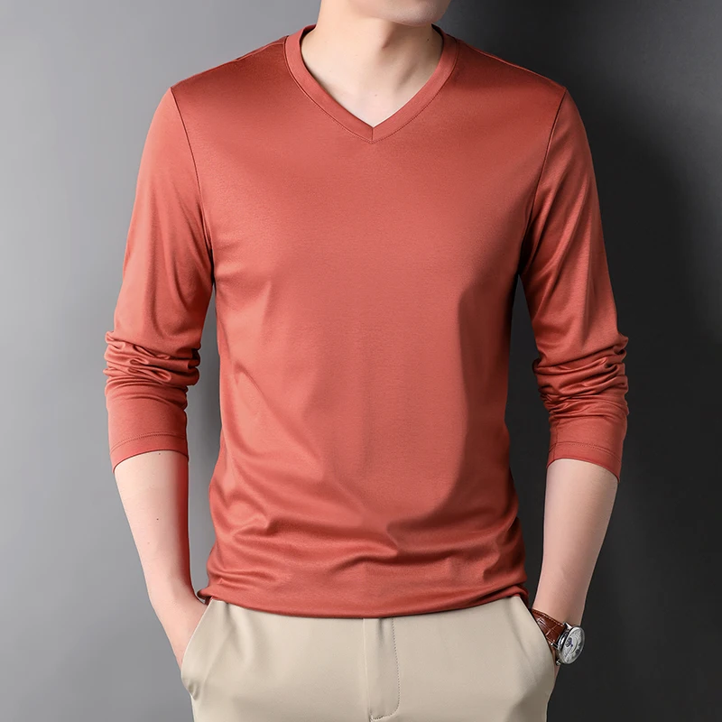 Top Grade New Fashion Brand V Neck Solid Color Plain Soft 100 % Cotton t Shirt Men Long Sleeve Tops Casual Mens Clothes 2023