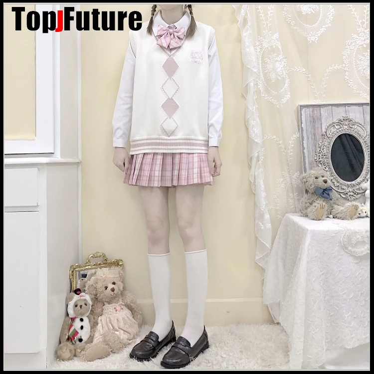 Japanese JK uniform knitted vest school Uniform CardigansJapanese  girl uniform student embroidery sweater pleated skirt tie set