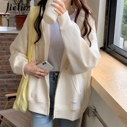 Jielur Autumn Chic Zip-up Hoodies Female Casual Street Loose Thin Blue Gray Apricot Sweatshirt Pocket Hooded Women Cardigans