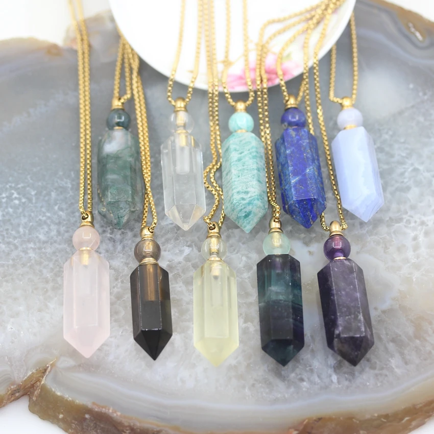 

Plated Gold Chains Hexagon prism Perfume Bottle Pendants,Natural Gems stone Crystal Essential Oil Diffuser Points Vial Charms