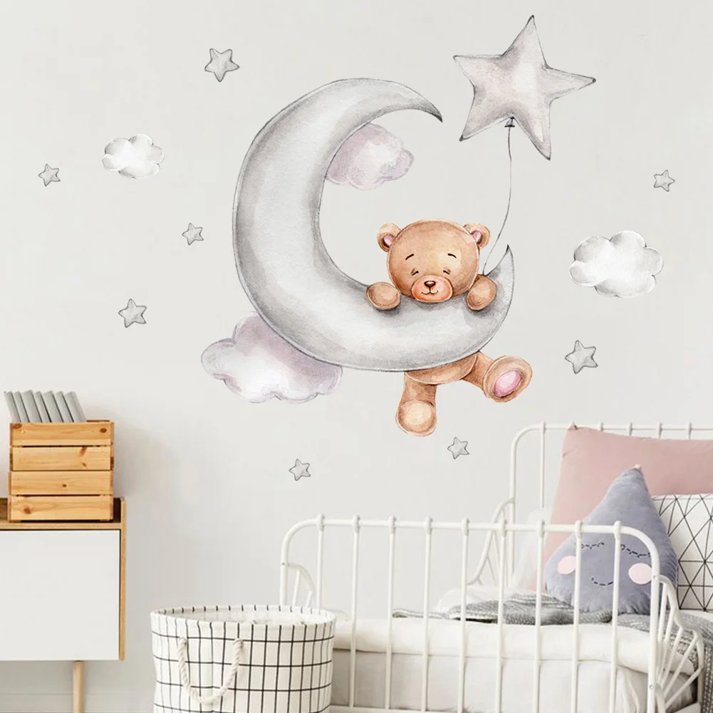 Pegatinas de pared de oso, Luna, nubes, estrellas, dormitorio para bebé, fondo de habitación de niños, decoración del hogar, papel tapiz para habitación, pegatina para guardería