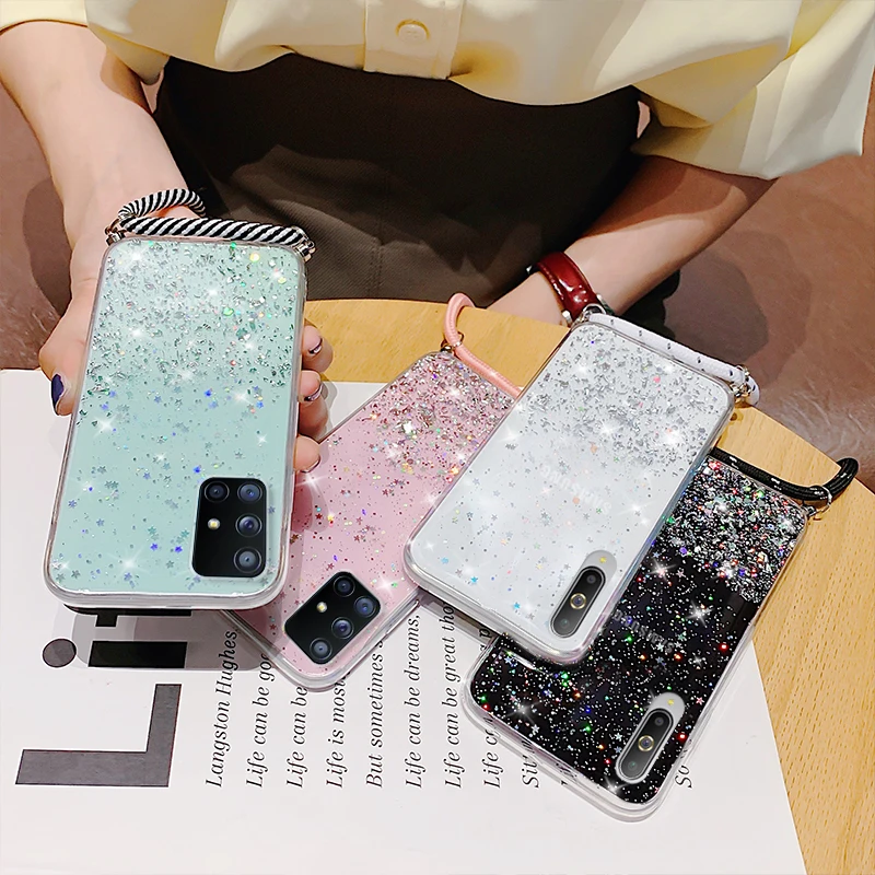 Neck Strap Rope Cord Glitter Case For Samsung Galaxy A51 S23 S20 FE S21 S24 Ultra S23 Plus S22 A14 A52 A53 A54 5G Lanyard Cover