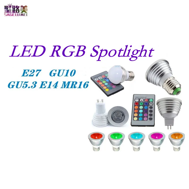 1Pcs E27 E14 GU10 GU5.3 MR16 12V 3W RGB Spotlight LED Bulb 85-265V With 24keys Remoter Dimmer Colorful Night lighting Decoration