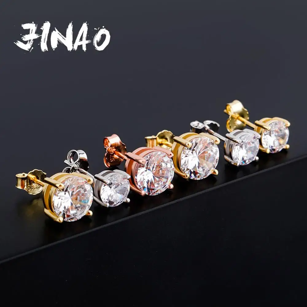 JINAO 4.6.8MM Round Cut CZ Stud Earrings Gold 925 Sterling Silver Jewelry Hip Hop Fashion Iced Out Cubic Zirconia For Women