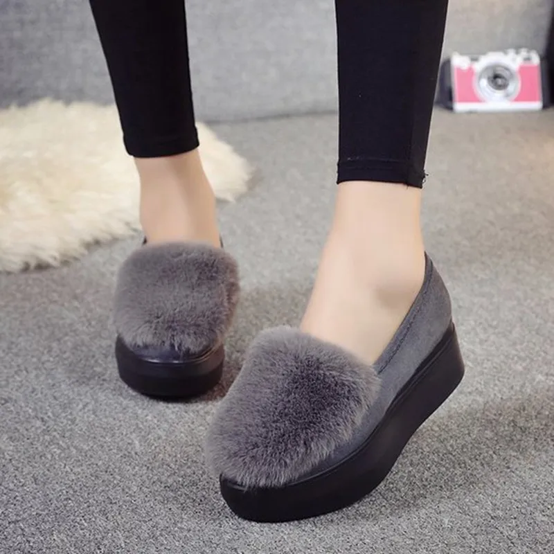 Zimowe buty damskie Loafers Plus Size Creepers Flat Platform Fleece Shoes Slip On Flat Fur Shoes For Female Moccasins 2019