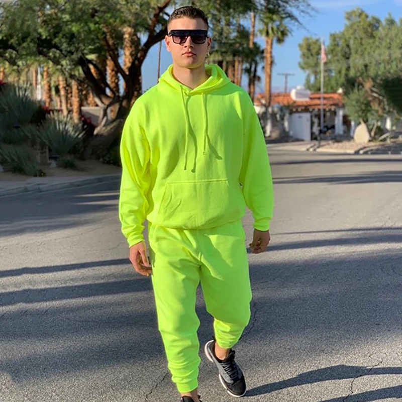 OMSJ 2024 Fashion Neon Style Mens Sets Fluorescence Green Hooded Sweatshirt+Sweatpants Two Piece Autumn Winter Casual Tracksuit