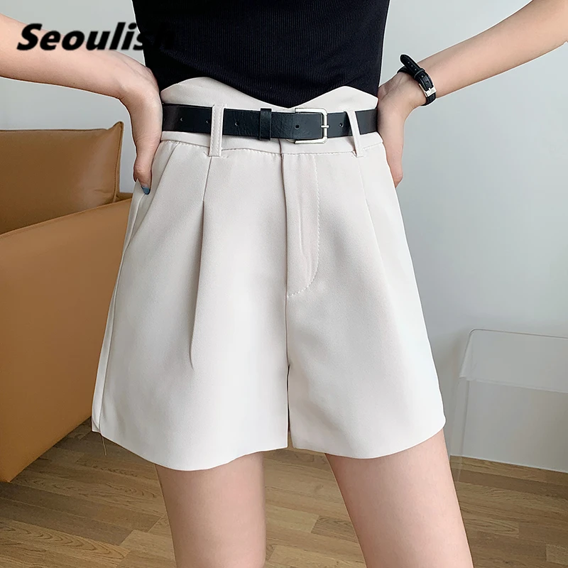 

Seoulish Summer 2021 New Elegant Women's Shorts with Belted High Waist A-Line Suit Shorts Casual Loose Female Wide Leg Trouses