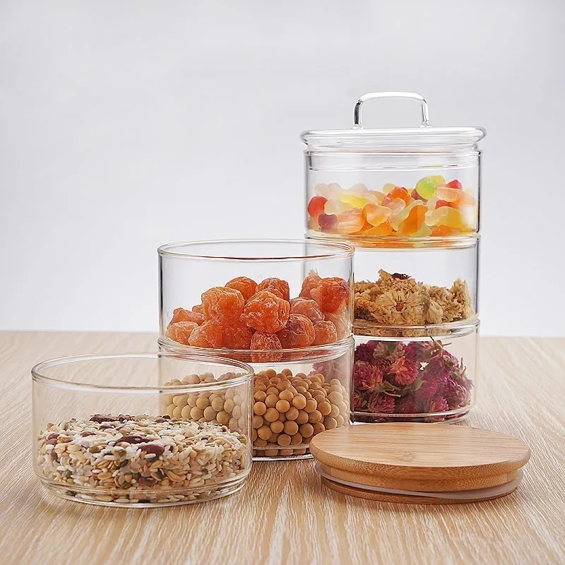 Handmade 1200ml 3-layer Borosilicate Glass Jar Kitchen Food Bulk Container Set For Spices Dried Fruit Storage Can Salad Bowl Box