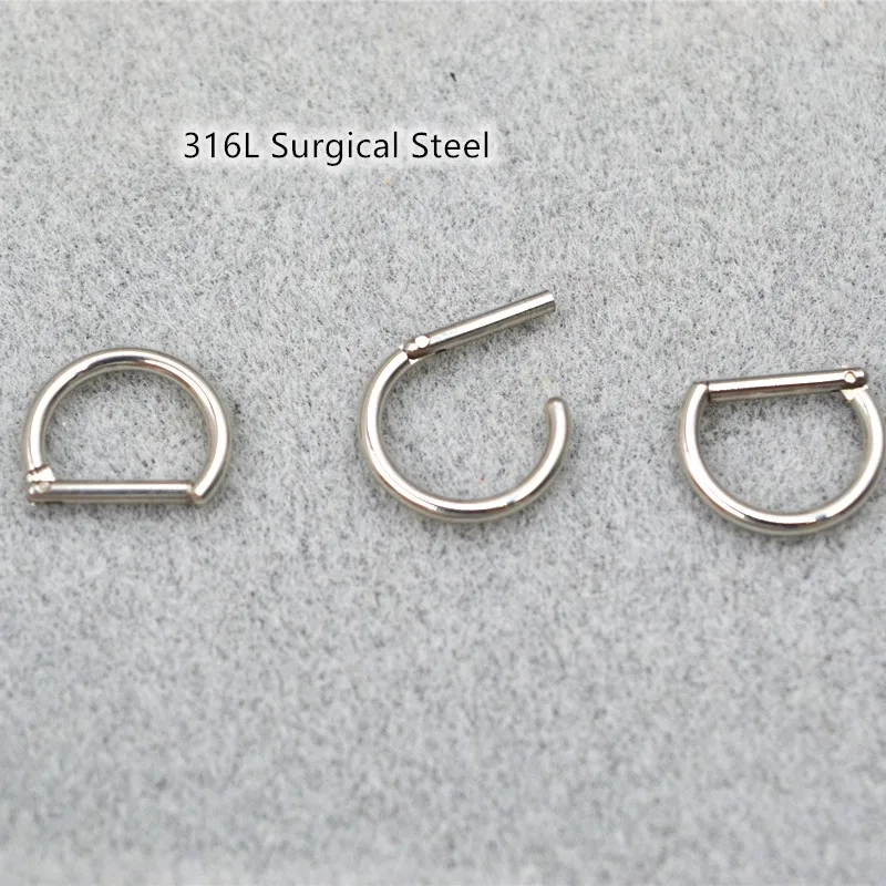 50pcs/Lot 316L Surgical Steel D Nose Hoop Septum Clicker Ring Earring Ear Tragus Helix Cartilage16Gx6/8/10/12mm Body Piercing