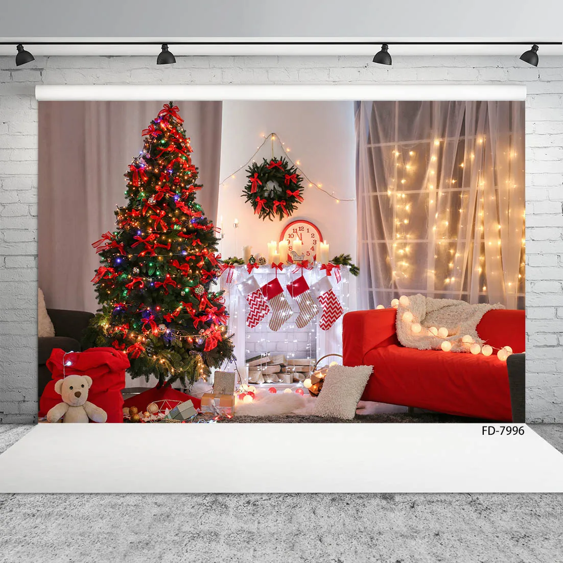 Interior Christmas Fir Tree Fireplace Photography Backdrop Vinyl Photo Studio Photozone Background for Children Family Photocall