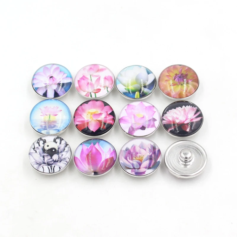 

24pcs Interchangeable Snap Jewelry DIY Cabochon Printed 18mm Lotus Flower Button for women Bracelet Necklace Bijoux