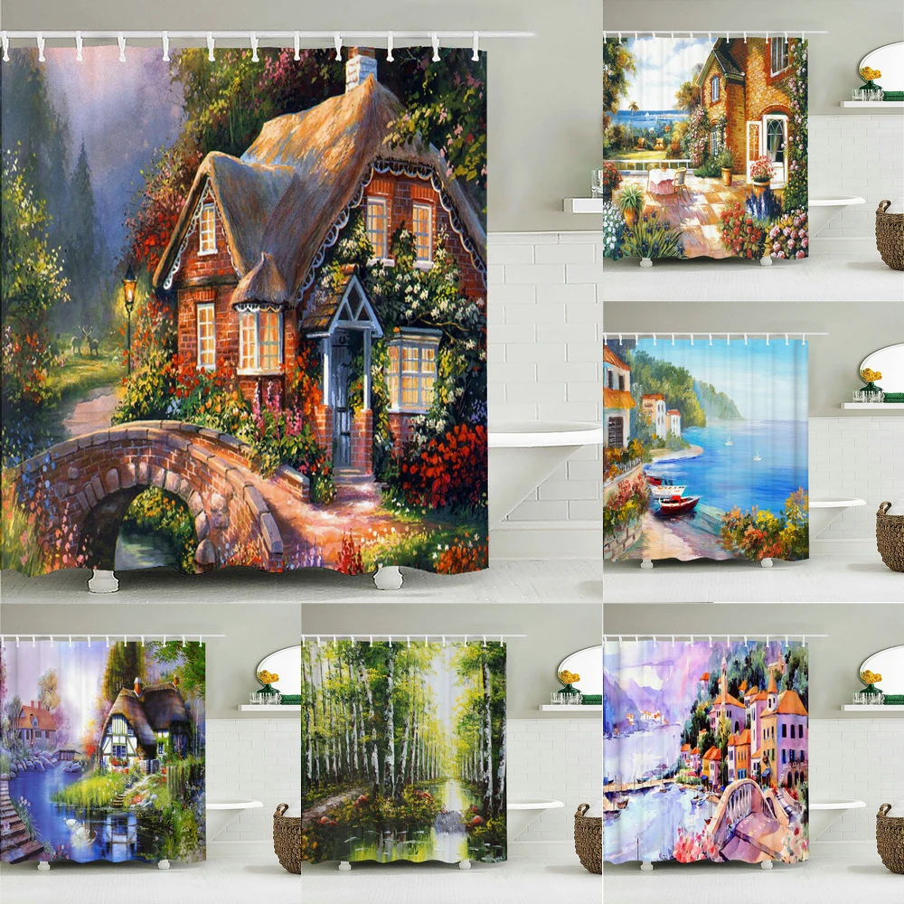 Fairy Tale Dream Forest Shower Curtain Decor Waterproof Fabric Bathroom Curtains Oil Painting landscape Bath Screen with 12 Hook