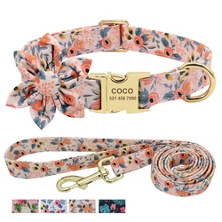 Custom Engraved Dog Collar With Leash Nylon Printed Dog ID Collars Pet Walking Belt For Small Medium Large Dogs Flower Accessory