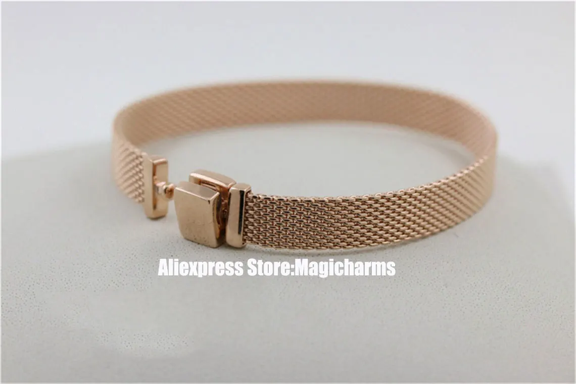 925 Sterling Silver & Rose Gold Overlay Mesh Reflexions Bracelet For Women Fit European Pandora Reflexions Charm Beads Only