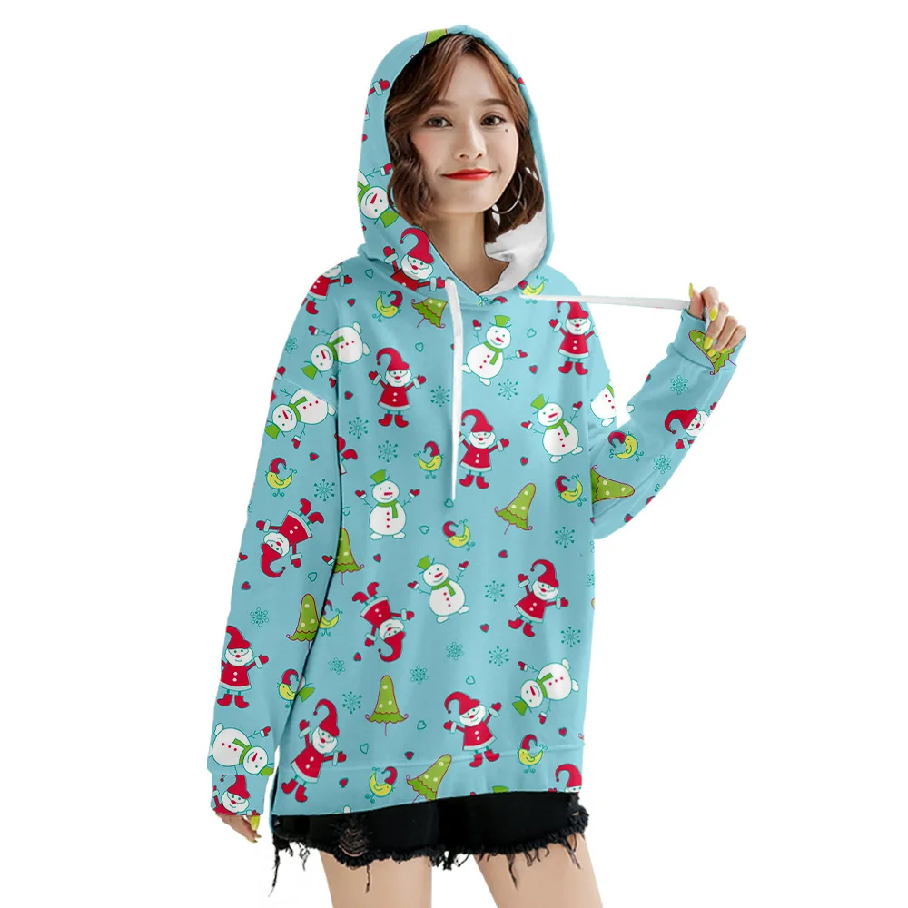 Oversized Hoodies For Women Christmas Print Hooded Long Loose Sleeves Sweatshirt O-neck Santa Hoodies Pullover Lady Girls