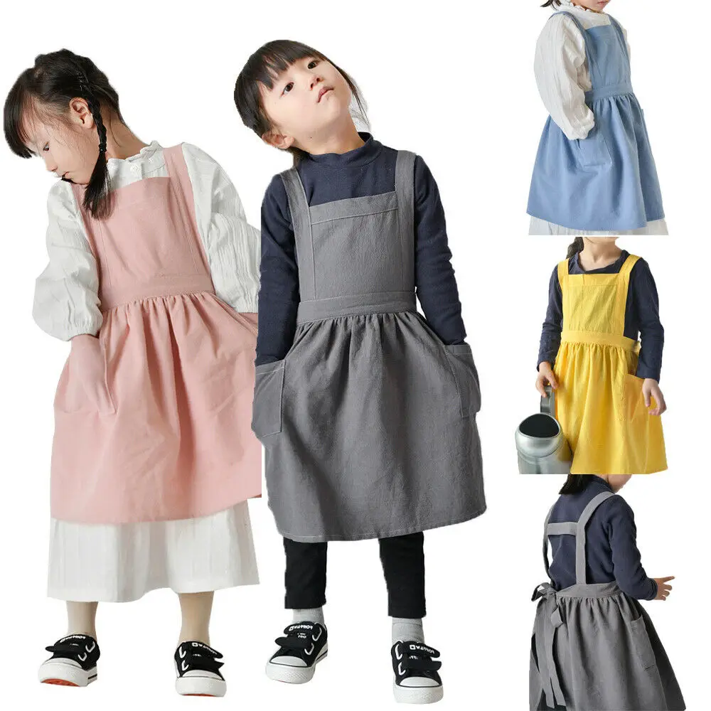 Kids Japanese Cotton Linen Bib Apron Kitchen Baking Uniform Side Pocket Boys Girls Craft Aprons Painting Cooking Baby Pinafore