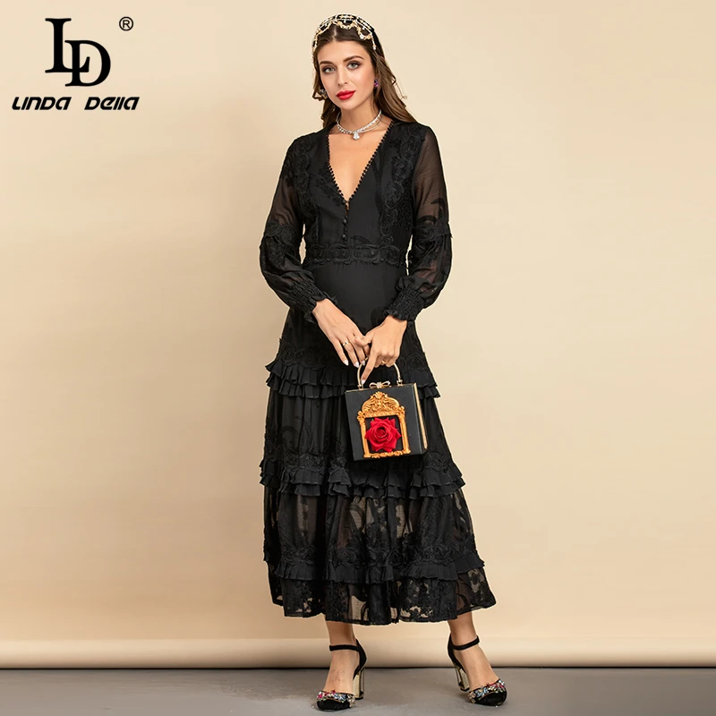 

LD LINDA DELLA New Women Summer Fashion Designer Long Dress Lantern Sleeve Lace Ruffles Black Printed Slim Ladies A-Line Dresses