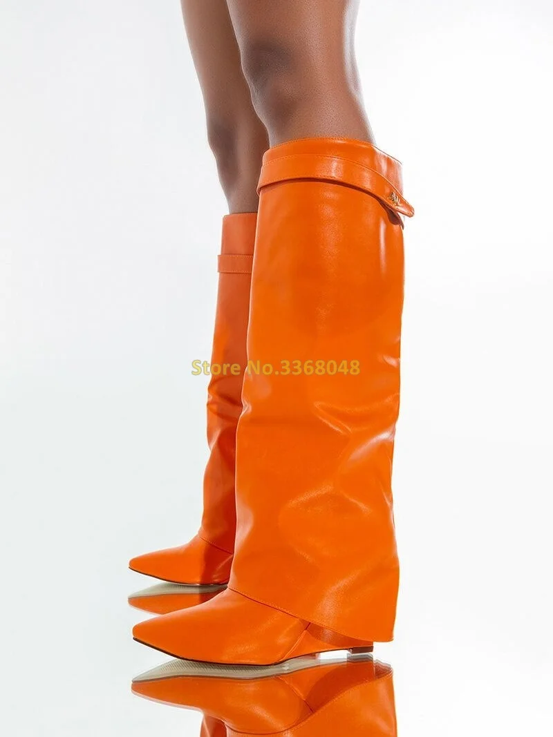 Orange Wedges Knee High Boots Sexy Pointed Toe Leather Runway Fashion Women Boots Turn Over Foled Genuine Leather Boots