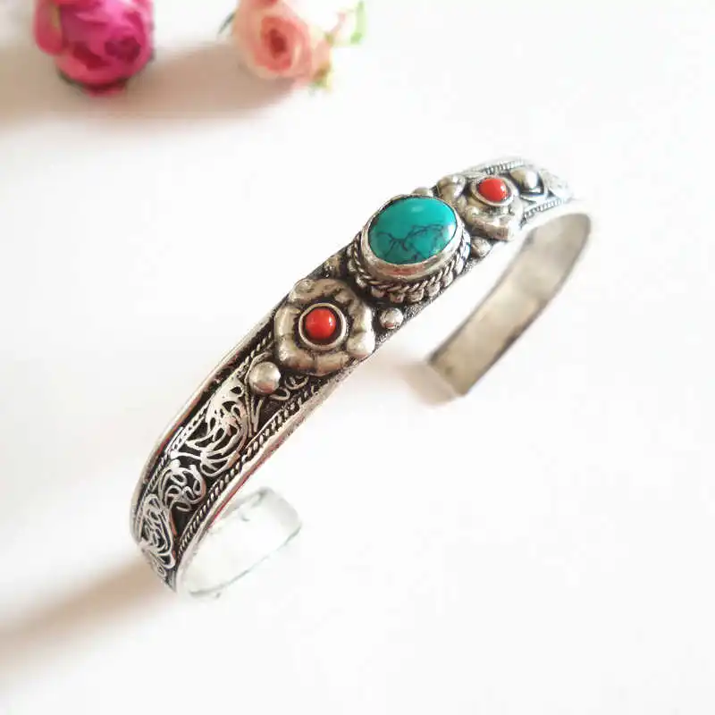 Tibetan Copper Inlaid Simulated Turquoises Vintage Stranding Open Cuff Bangle Nepal Hand Jewel BB-012