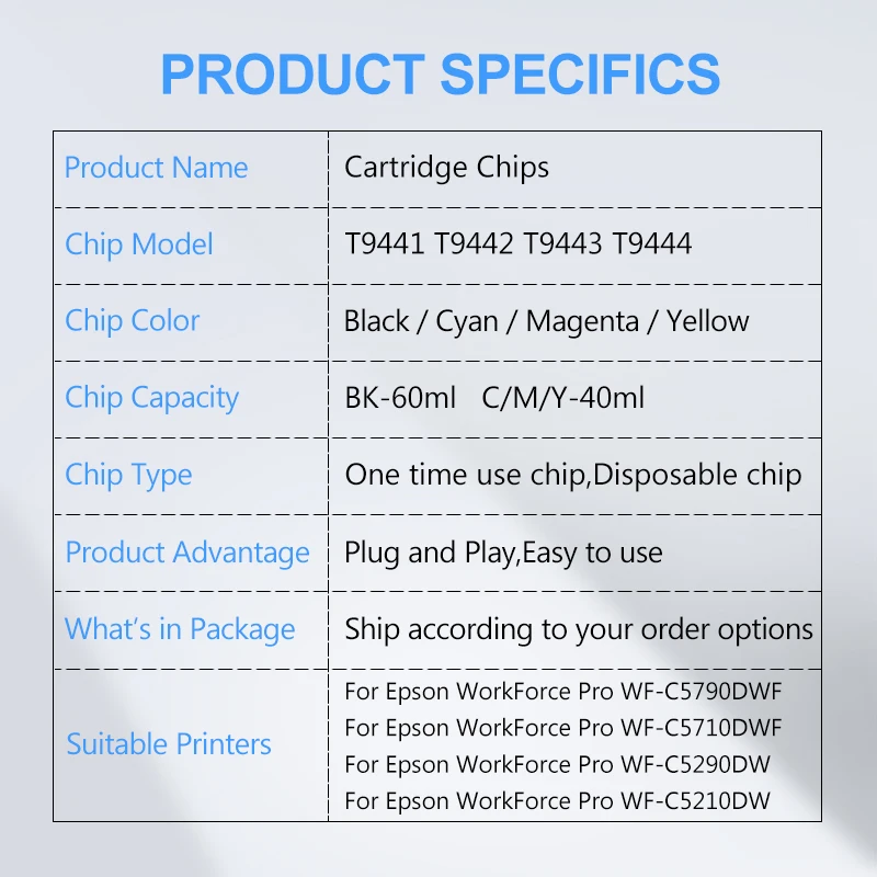 T9441 T9442 T9443 T9444 Ink Cartridge Chip For Epson WorkForce WF-C5790DWF WF-C5710DWF WF-C5290DW WF-C5210DW C5790 C5710 C5290