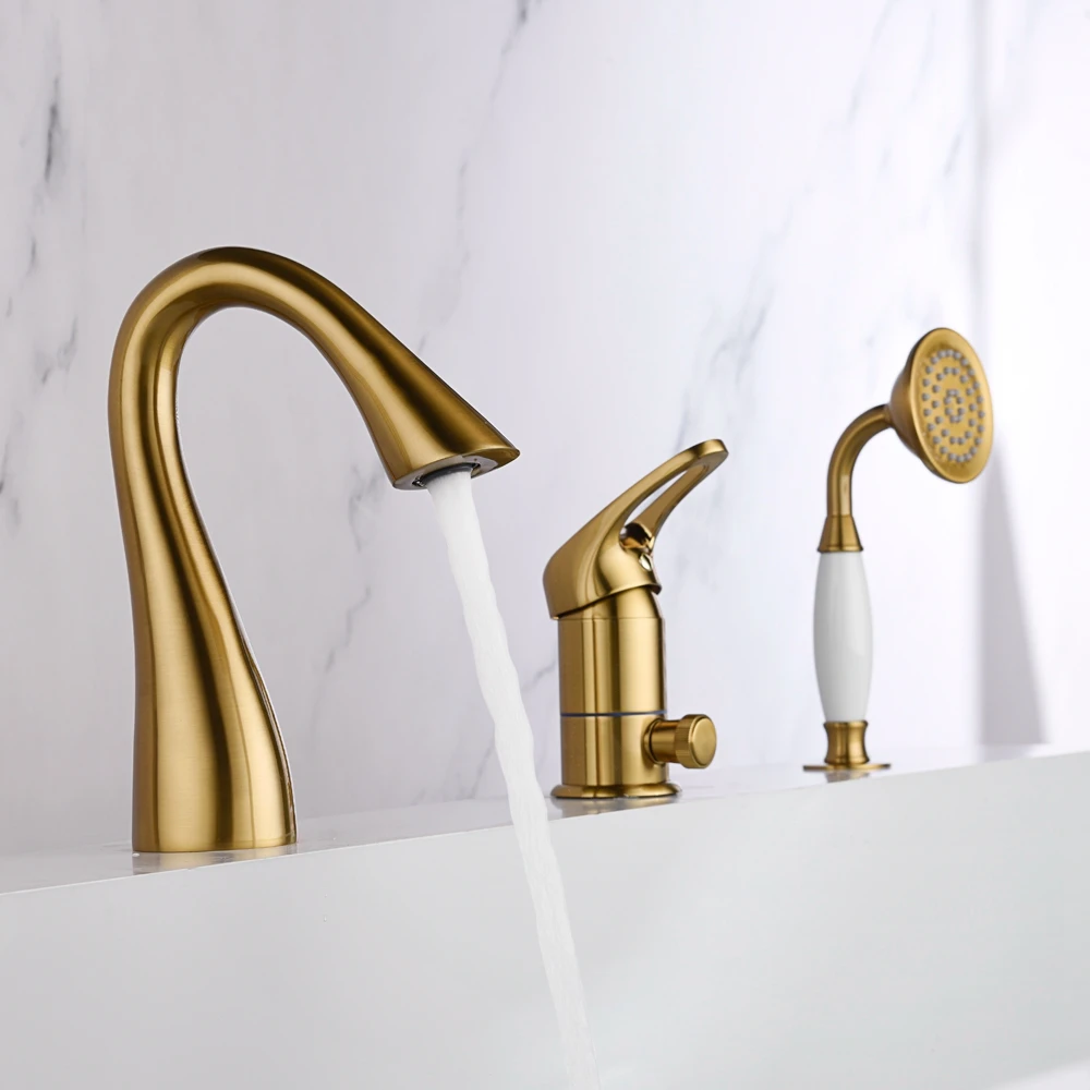 

Luxury Gold Three holes Brass Bathtub shower faucet set Golden Bathtub faucet set Single handle Cold hot water Shower Fashion