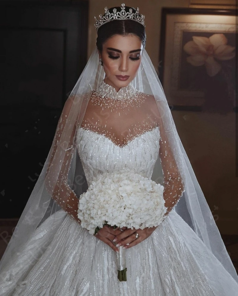 Vestidos de novia estilo árabe Dubai Vintage, ropa de cuello alto, transparente, de manga larga, de lujo, con cuentas y lentejuelas, 2020