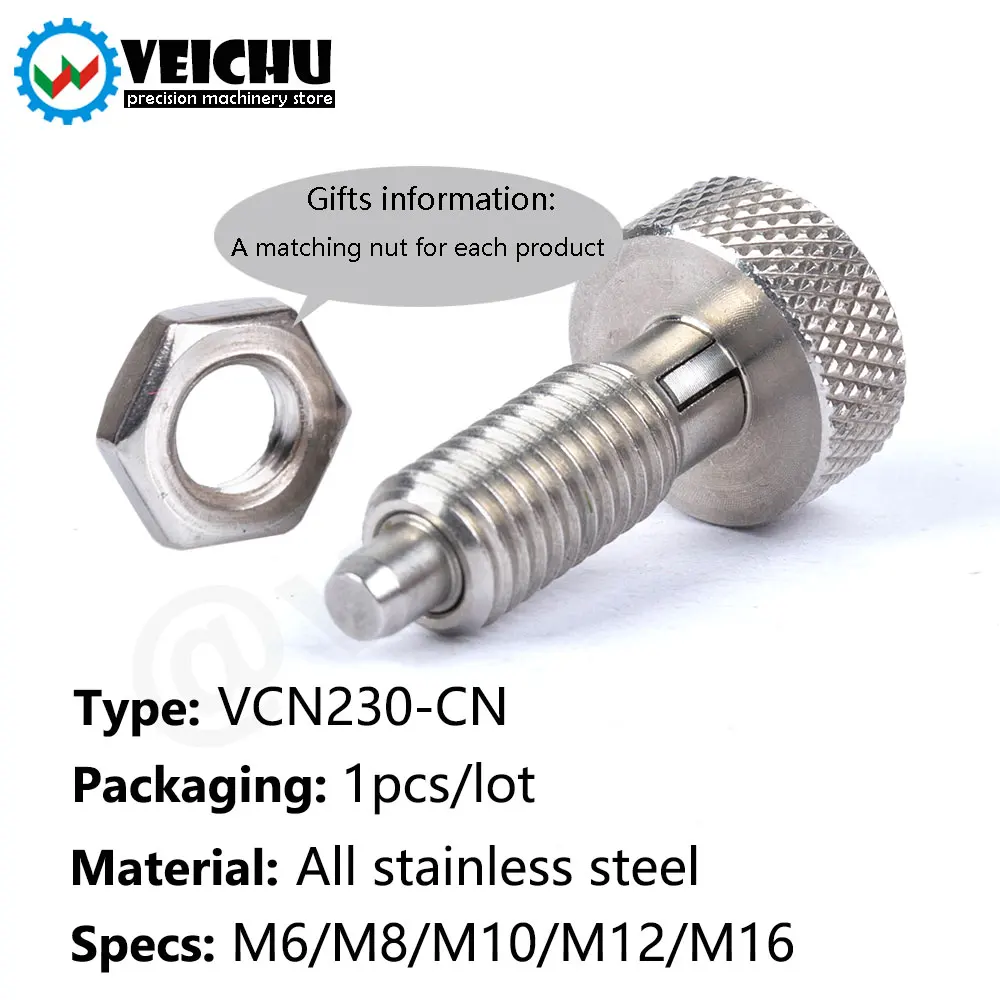 Émbolos de perilla moleteada de acero inoxidable, pistón de resorte, pernos de tornillo de Autobloqueo con tuercas, en Stock, VCN230-CN