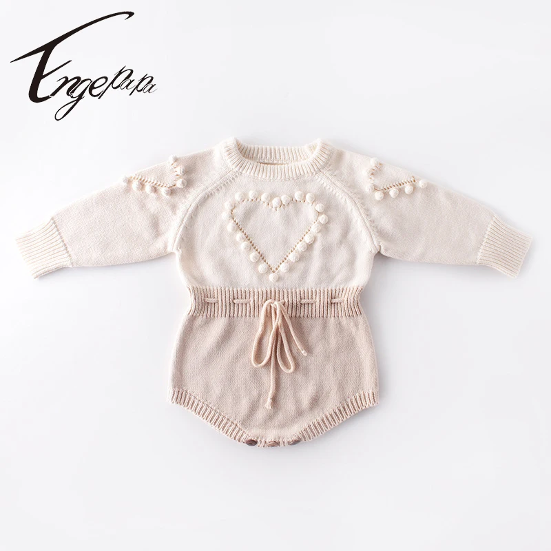 Engepapa Handmade Love Knitting Long Sleeve Clothes Spring Autumn Toddler Baby Girl Knitting Romper Newborn Baby Girls Jumpsuit