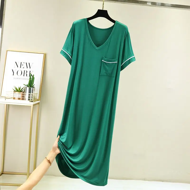 Women Summer Long Nightdress Loose Loungewear Bottoming Night Shirt Pocket Contrast Dress New Short Sleeve Modal Nightgowns