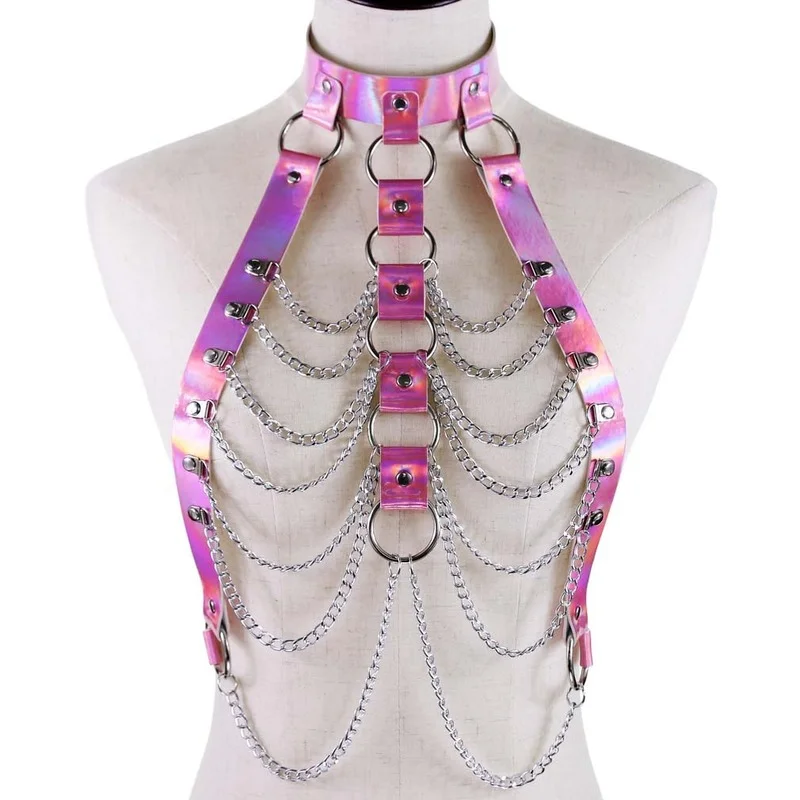 Decopunk Holographic Body Chain Harness Top Punk Women Holo Rainbow Waist Jewelry Festival Rave Outfit Designer Belt Women