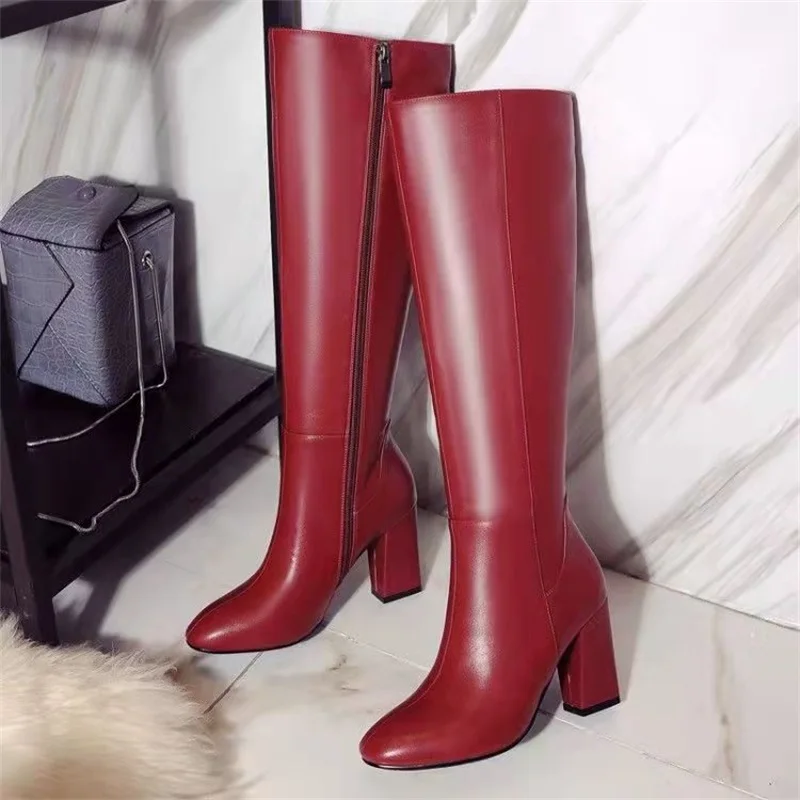 

Women's High Heel Square Head High Tube Boots 2021 Autumn Winter New Simple And Versatile Side Zipper Anti-Skid Plush Boots