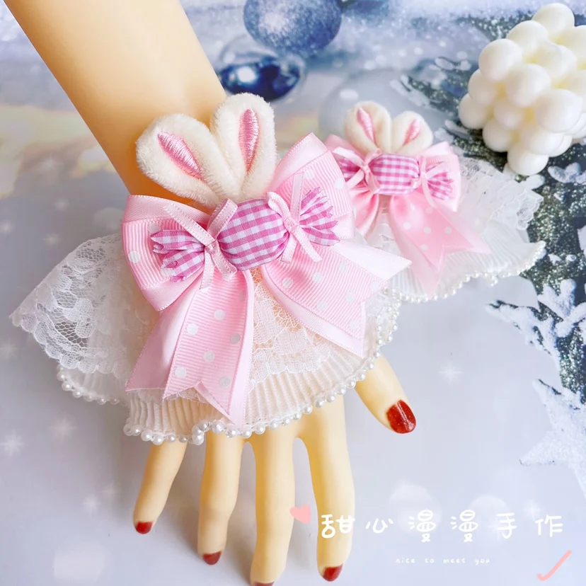 Handmade White Lolita Rabbit Ear Oversleeves Lolita Bow Lace Flower Wedding Women's Bracelet