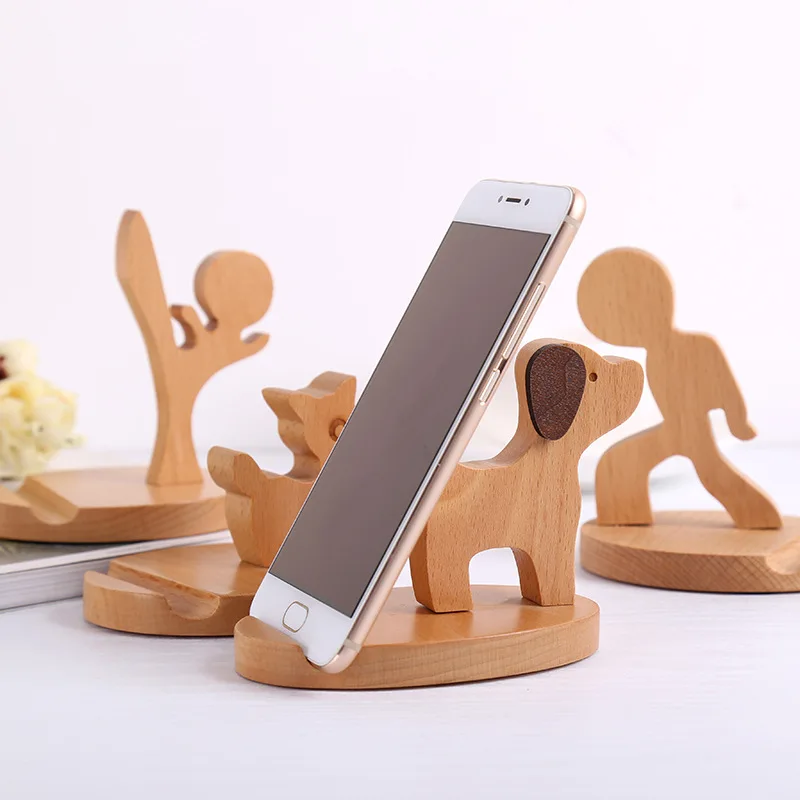 Cartoon Lovely Dog Cat Animal Design Solid Wood Natural Wooden Mobile Phone Holer for Iphone Android Smart Phones Pads Bracket